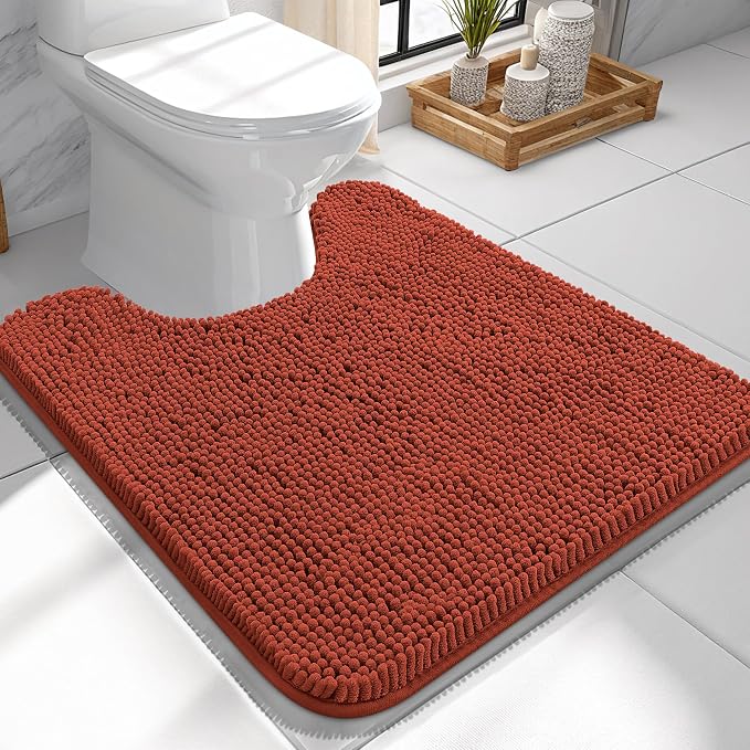 OLANLY Toilet Rugs U-Shaped 24x24, Soft Absorbent Chenille Contour Rugs | Rustic Terracotta, Quick-Drying Rubber Backing, Washable Non-Slip Shaggy Bathroom Mat for Toilet, Home Decor Accessories