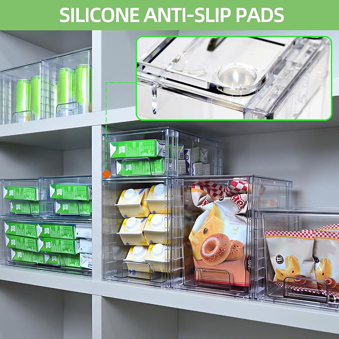 Medium Clear Stackable Storage Drawers (4 Pack), High-strength Acrylic Organizer Bins with Handles, Plastic Drawers for Fridge Bathroom Cabinet Closet Undersink Pantry Kitchen Makeup Storage