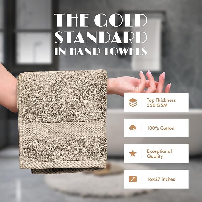 White Classic Taupe Hand Towels for Bathroom [12 Pack] Cotton Hand Towel Bulk for Gym, Kitchen and Spa, 16x27 Inches Soft Highly Absorbent Quick Dry Terry Salon Towels