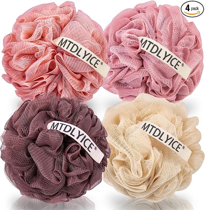 MTDLYICE Loofah Sponge, XXL Large Loofah 100g 4 Pack, Bath Sponge Soft Mesh Shower for Men, Body Scrub, Shower Pouf Bath Accessories, for Body Wash, Soap (Red Soil)