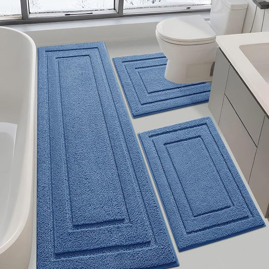 IM HOME Bathroom Rugs Sets 3 Piece, Ultra Soft Plush Fluffy Microfiber Absorbent Bath Mat, Non-Slip Backing, Machine Washable Bath Mats for Bathroom Floor, Tub, Toilet and Shower, Blue/Bordered