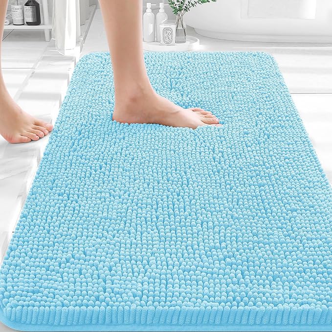 OLANLY Small Bathroom Rugs 30x18, Extra Soft Absorbent Chenille Bath Rugs | Sky Blue, Quick-Drying Rubber Backing, Machine Washable Bath Mat for Bathroom Floor, Tub and Shower, Home Decor Accessories