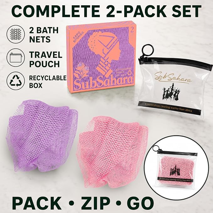 Authentic African Net Sponge,2 Pack 45-In Exfoliating Bath Sponge and Shower Loofah for Body and Back,Colorfast Quick-Dry Knotted Mesh Scrubber with Travel Pouch (Blush Pink&Lavender Purple)