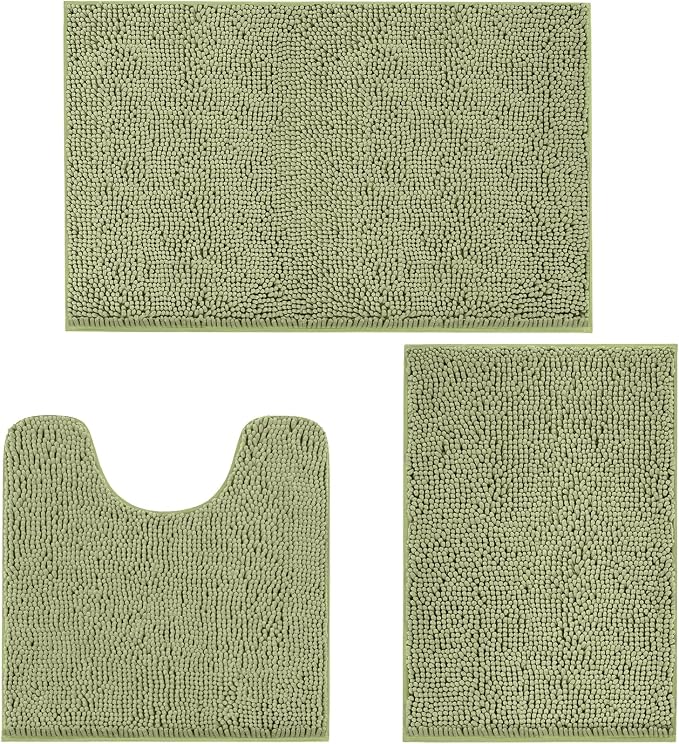 TREETONE Bathroom Rugs Sets, Thick Soft Absorbent 3 Piece Chenille Bath Rugs, Non-Slip, Dry Quickly, Machine Washable, Shaggy Mats with U-Shaped Toilet Rug for Bath Floor, Tub and Shower, Sage Green