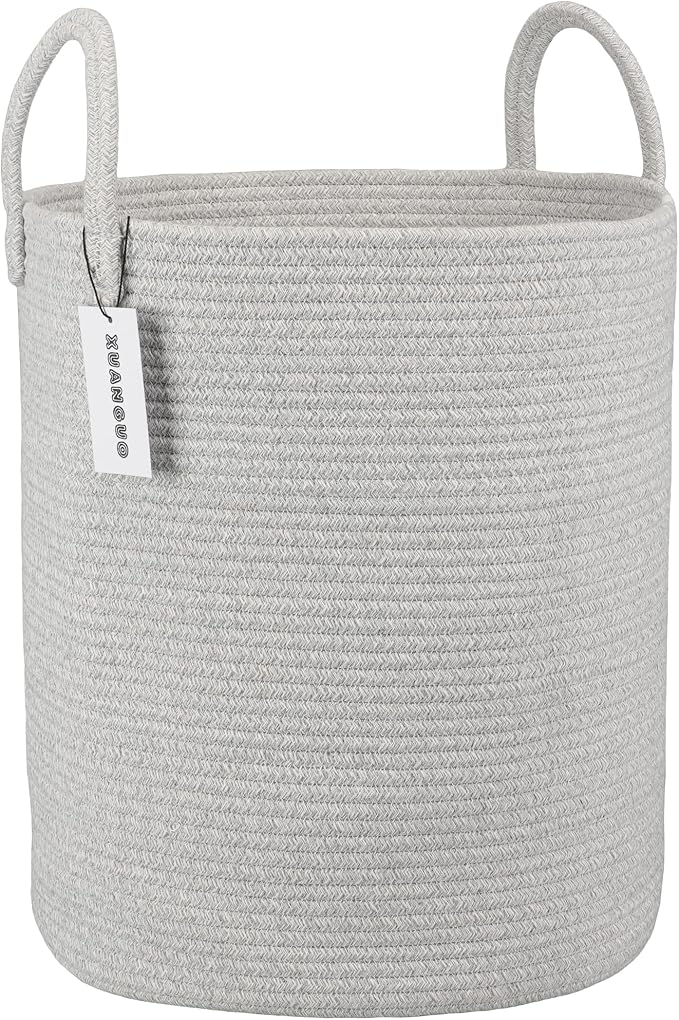 XUANGUO Cotton Rope Laundry Basket Hamper for Clothes Woven Storage Basket for Living Room Bedroom Boho Tall Rope Baskets for Blanket Toys Pillow Towels Baby Nursery Hamper Bin Large light grey