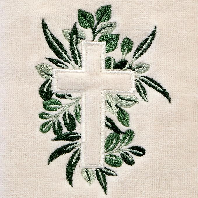 SKL Home Cross with Greenery Hand Towel Set-2pc, Embroidered, Natural | 100% Cotton. Soft, decorative velour. For use in the bathroom, kitchen, or any sink space & makes a great gift.