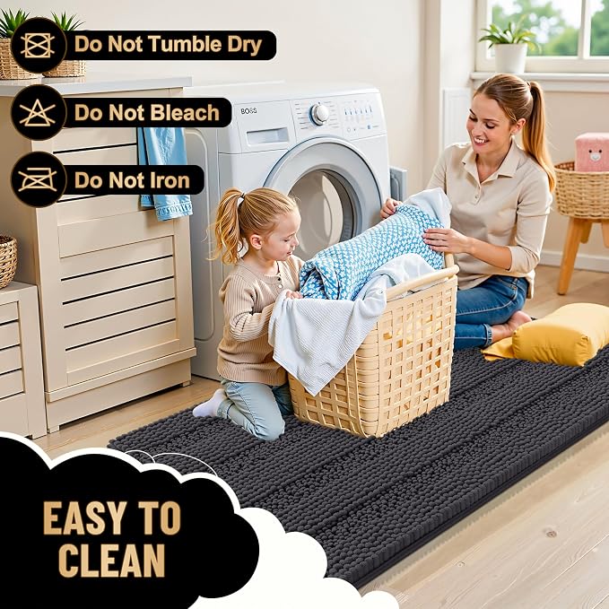 OLANLY Thick Chenille Bathroom Rugs Sets 3 Piece, 30"x20"+24"x16"+24"x20" | Dark Grey, Absorbent Bath Mats and U-Shaped Contour Toilet Rug, Home Decor Accessories, Bath Mat Set for Bathroom