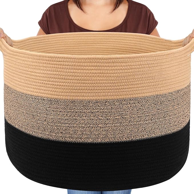 Maliton Large Woven Blanket Basket, 22" X 22" X 14" Storage Baskets for Organizing, Round Cotton Rope Toy Basket for Living Room, Bedroom- Rope Laundry Hamper with Handles - Nursery Bin