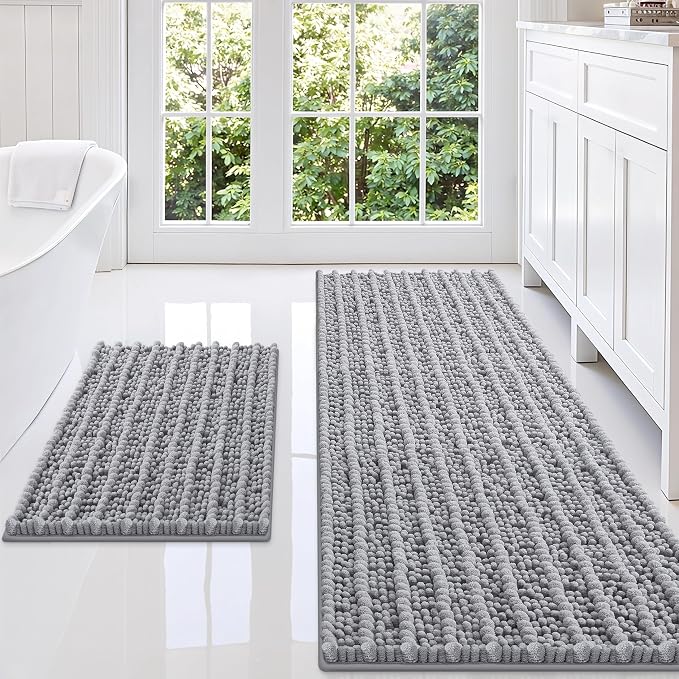 Smiry Bathroom Rugs Sets 2 Piece (59x20+24x16), Extra Soft Bath Mats | Grey Soft Absorbent, Rubber Backing Machine Washable Quick Dry Chenille Bath Rug Set for Tub, Shower, and Floor