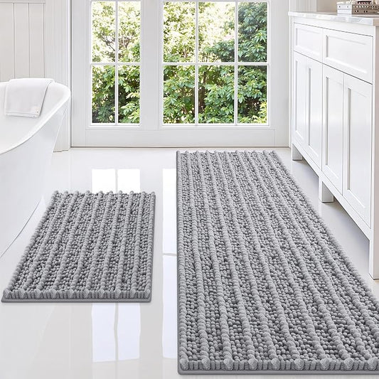 Smiry Bathroom Rugs Sets 2 Piece (59x20+24x16), Extra Soft Bath Mats | Grey Soft Absorbent, Rubber Backing Machine Washable Quick Dry Chenille Bath Rug Set for Tub, Shower, and Floor