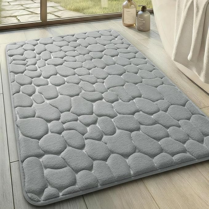 YIHOUSE Memory Foam Bath Mat Cobblestone Bathroom Rugs Super Water Absorbent Bath Mats for Bathroom Machine Washable Bath Rugs(20x32,Light Gray)