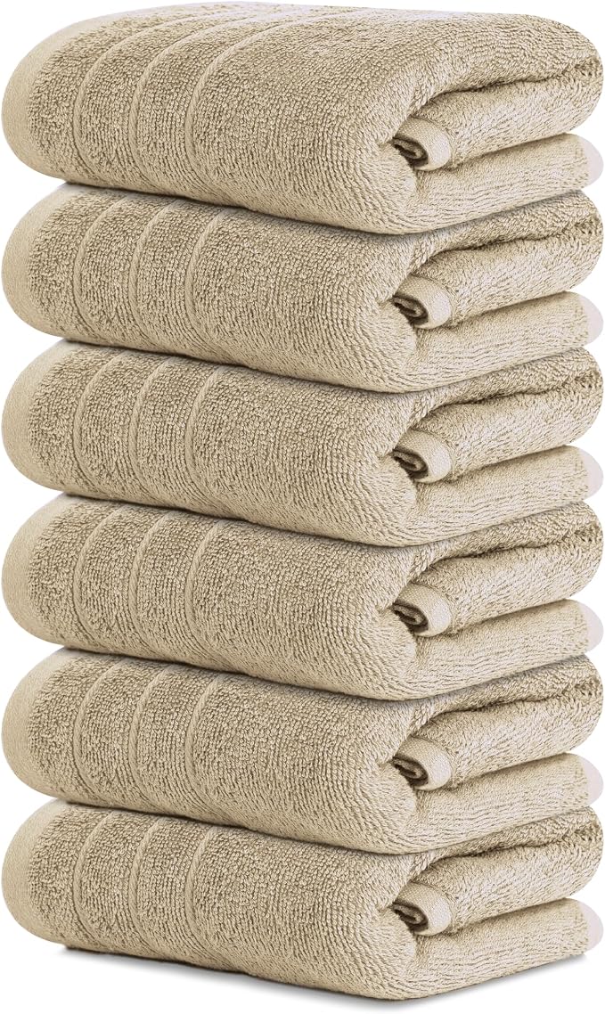 6 Piece Hand Towels Set 16 x 28 Inches, Beige | 100% Cotton, Lighter Weight, Quick to Dry, 16 x 28 Inches, Super Soft & Absorbent, Perfect for Bathroom & Kitchen