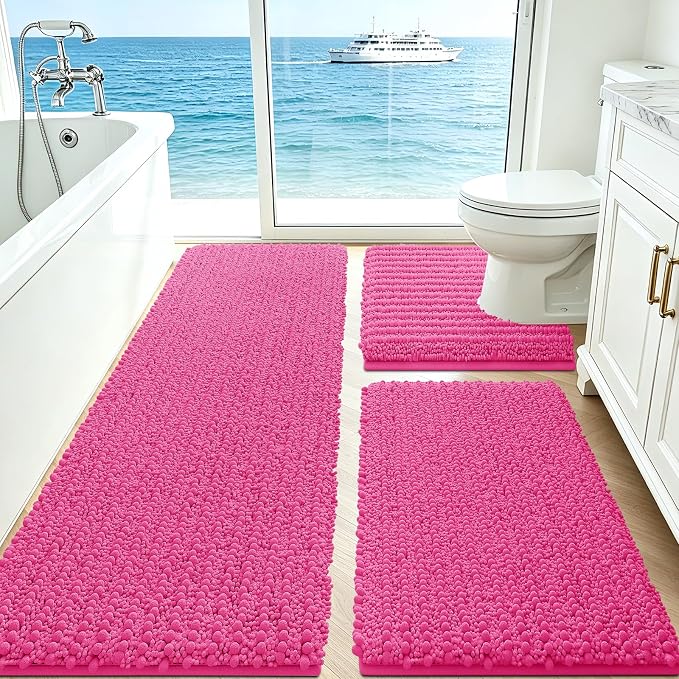 ACCUMTEK Upgrade Extra Large Shiny Pink Bathroom Rug Set 3 Pieces Ultra Soft, Thick Absorbent Bath Mats, Non Slip Chenille Toilet Mat for Bathroom, Bedroom, Kitchen