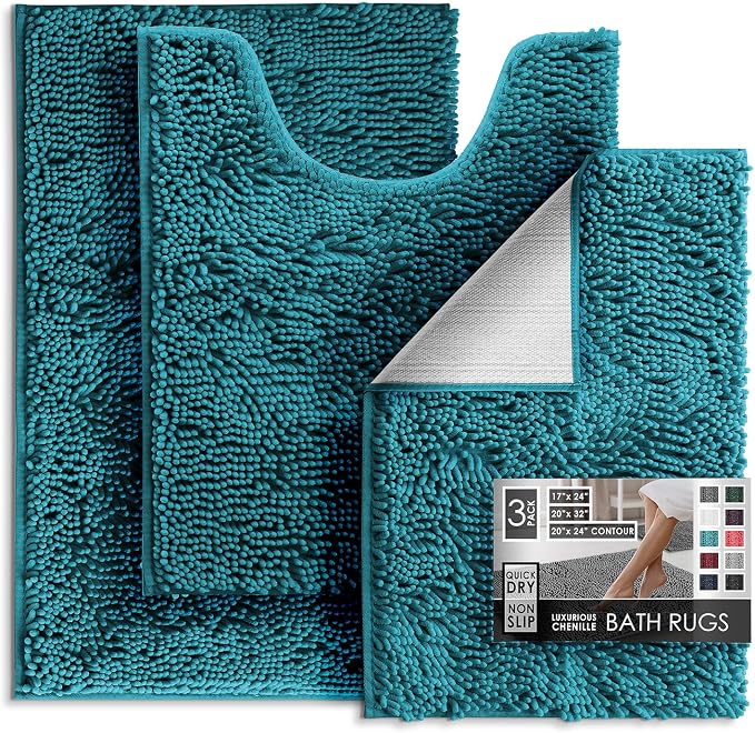 Hearth & Harbor Bathroom Rugs, Chenille Bath Mat - Machine Washable Bath Mats for Bathroom Non-Slip Backing Rubber, Quick Dry - Teal Blue Bath Rug, 17x24-20x32-20x24