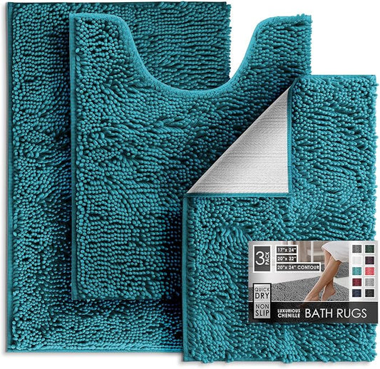 Hearth & Harbor Bathroom Rugs, Chenille Bath Mat - Machine Washable Bath Mats for Bathroom Non-Slip Backing Rubber, Quick Dry - Teal Blue Bath Rug, 17x24-20x32-20x24