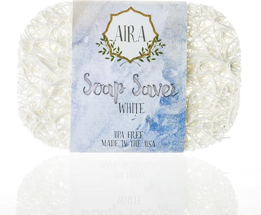 Aira Soap Saver - Soap Dish & Soap Holder Accessory - BPA Free Shower & Bath Cleanser Holder - USA Made - Drains Water, Circulates Air, Extends Life - Easy to Clean, Fits All Dish Sets - White