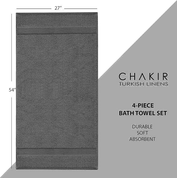 Chakir Turkish Linens 100% Cotton 4-Pack Bath Towels 27x54, Dark Gray | 100% cotton bath towels, set of 4 at 27x54, OEKO-TEX certified, soft plush and absorbent