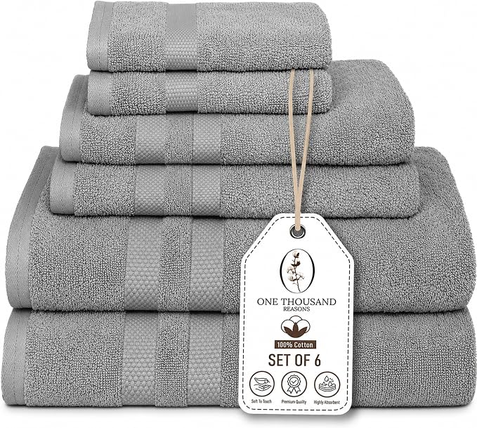 Premium Staple Cotton Bathroom Towel Set - Gray 600 GSM 6-Piece Luxury Bath Towel Set 3 Stripe - 2 Bath Towels, 2 Hand Towels & 2 Washclothes Set - High Absorbent & Quick Dry for Gym, Spa, Hotel