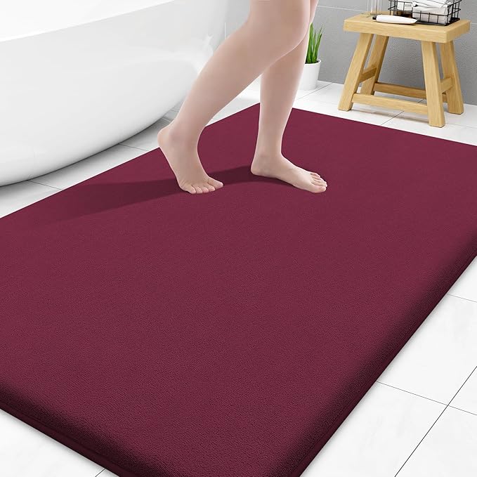 Smiry Memory Foam Bath Mat 47x32, Extra Soft and Absorbent Bathroom Rugs | Burgundy, Quick Dry Machine Washable Non-Slip Bath Mat for Bathroom Floor, Shower and Tub