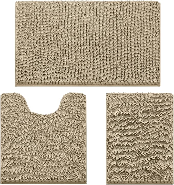 HOMEIDEAS Taupe Chenille Bathroom Rugs Set of 3, Non Slip Bath Mat | Super Absorbent, Soft Microfiber, Machine Washable, Stain Resistant, for Bathroom Decor