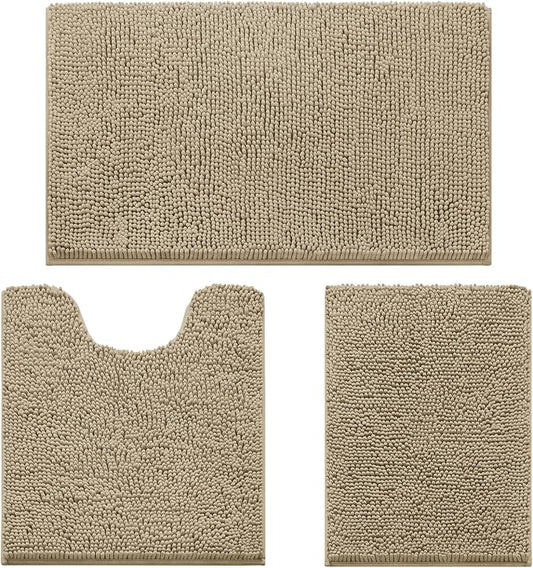 HOMEIDEAS Taupe Chenille Bathroom Rugs Set of 3, Non Slip Bath Mat | Super Absorbent, Soft Microfiber, Machine Washable, Stain Resistant, for Bathroom Decor