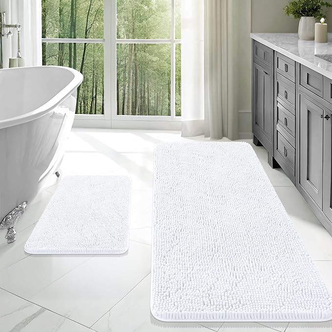 OLANLY Chenille Bathroom Rugs Mats Sets 2 Piece, 47"x20"+24"x16", White | Ultra Soft Absorbent Bath Rugs Set, Rubber Backing Non-Slip, Quick Dry, Machine Washable Bath Carpet, Home Decor Accessories