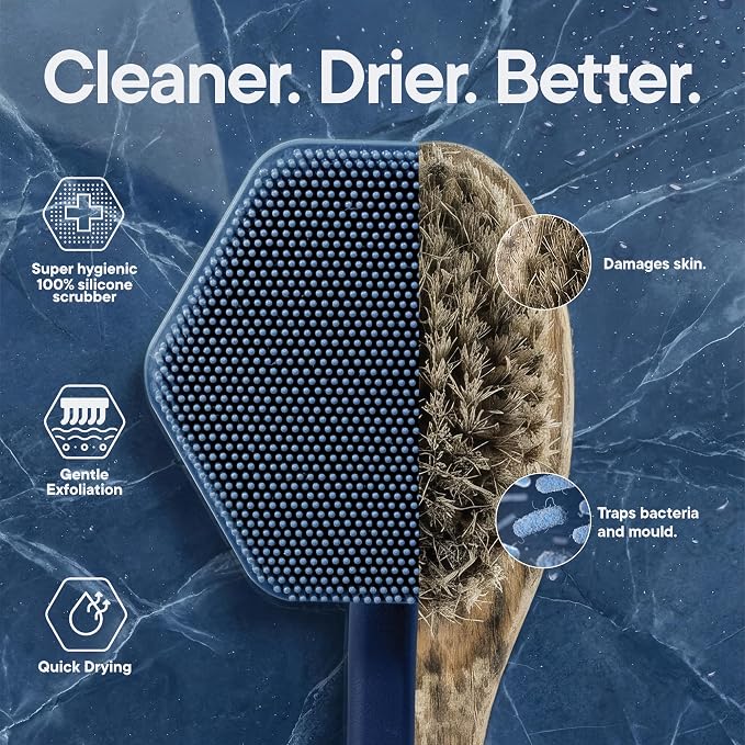 TOOLETRIES Silicone Back Scrubber for Shower, Bath Brush - Glacier | Long ergonomic handle and non-slip grip make exfoliating hard-to-reach areas simple and comfortable.