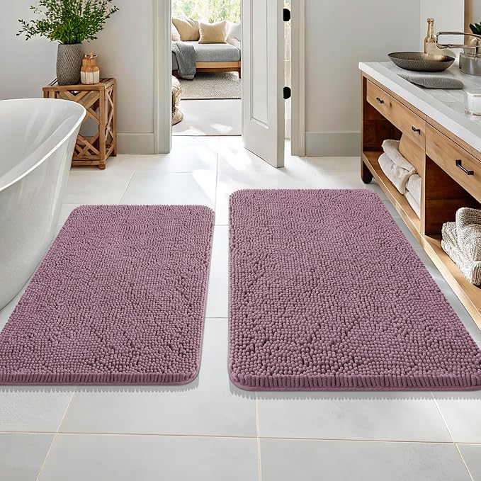 OLANLY Chenille Bathroom Rugs Mats Sets 2 Piece, 36"x24"+30"x20", Deep Plum | Ultra Soft Absorbent Bath Rugs Set, Rubber Backing Non-Slip, Quick Dry, Machine Washable Bath Carpet, Home Decor Accessories