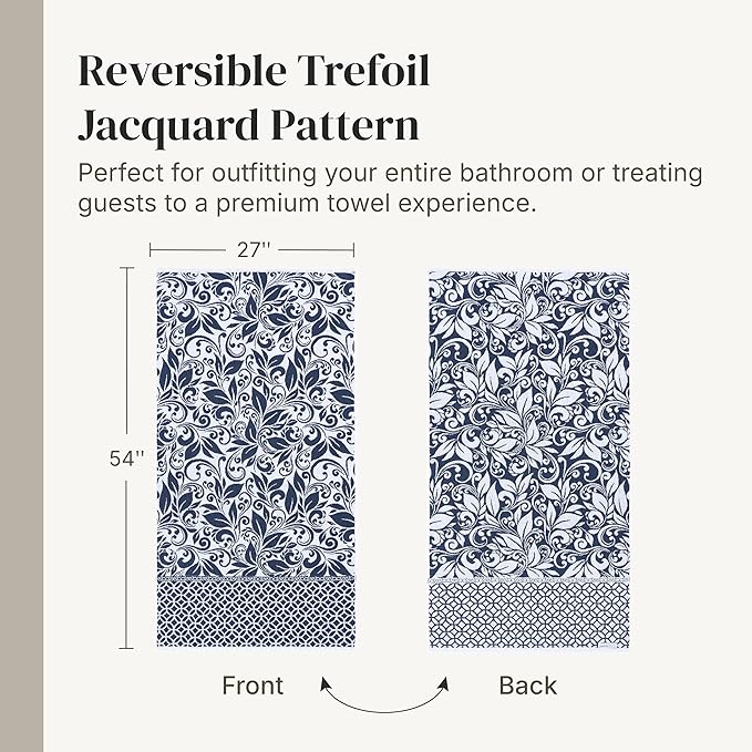 Modern Threads 6 Piece Bath Towel Set – Bathroom Set with 2 Bath Towels, 2 Hand Towels, and 2 Wash Cloths – 100% Cotton, Super Absorbent & Extra Soft – Reversible Botanical Vine (Navy)