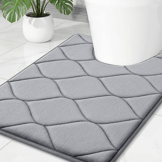 Smiry Memory Foam U-Shaped Toilet Mat 24x20, Soft Absorbent Toilet Rugs | Grey, Plush Quick Dry and Machine Washable Cushion Contour Rug for Toilet, Shower, Tub & Home Decor