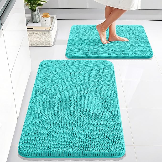 OLANLY Chenille Bathroom Rugs Mats Sets 2 Piece, 30"x20"+24"x16", Teal | Ultra Soft Absorbent Bath Rugs Set, Rubber Backing Non-Slip, Quick Dry, Machine Washable Bath Carpet, Home Decor Accessories