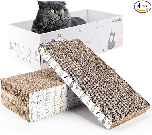 PatiencET Cat Scratch Pad with Box, 4 Pack Cardboard Scratcher Lounge Bed | For Indoor Cats, Reversible Corrugated Scratching Board Refill, With Catnip, Furniture Protector