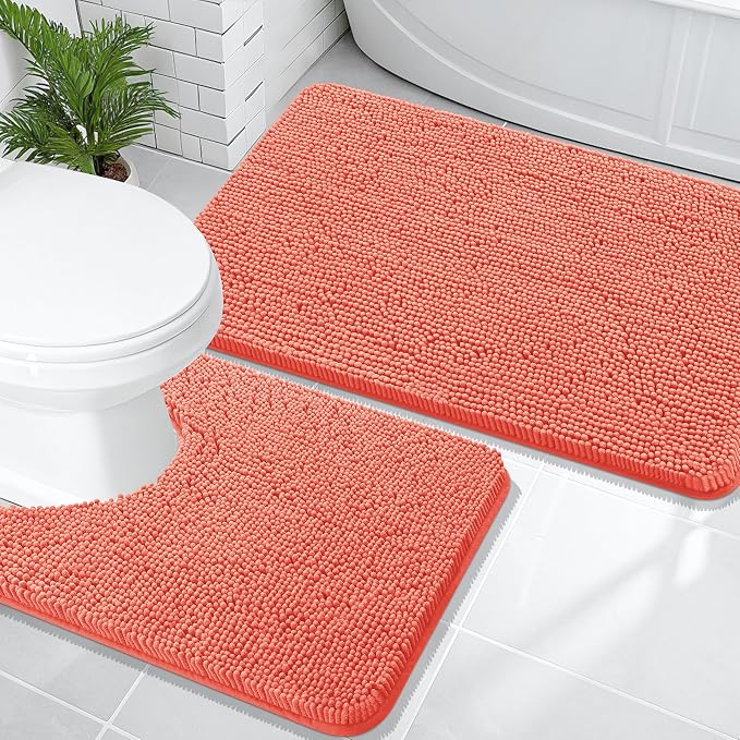 OLANLY Chenille Bathroom Rugs Mats Sets 2 Piece, 36"x24"+24"x20", Coral | Soft Absorbent Bath Mat and U-Shaped Contour Toilet Rug Set, Quick Dry, Machine Washable Bath Carpet, Home Decor Accessories
