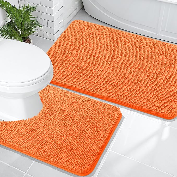 OLANLY Chenille Bathroom Rugs Mats Sets 2 Piece, 36"x24"+24"x20", Orange | Soft Absorbent Bath Mat and U-Shaped Contour Toilet Rug Set, Quick Dry, Machine Washable Bath Carpet, Home Decor Accessories