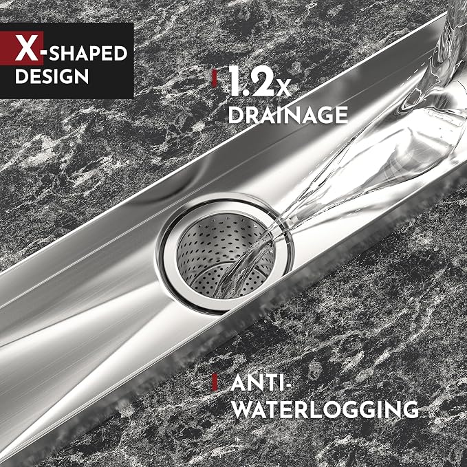 WEBANG 24 Inch Linear Shower Drain Rectangular Floor Drain with Accessories Rainline Pattern Cover Grate Removable SUS304 Stainless Steel CUPC Certified Brushed