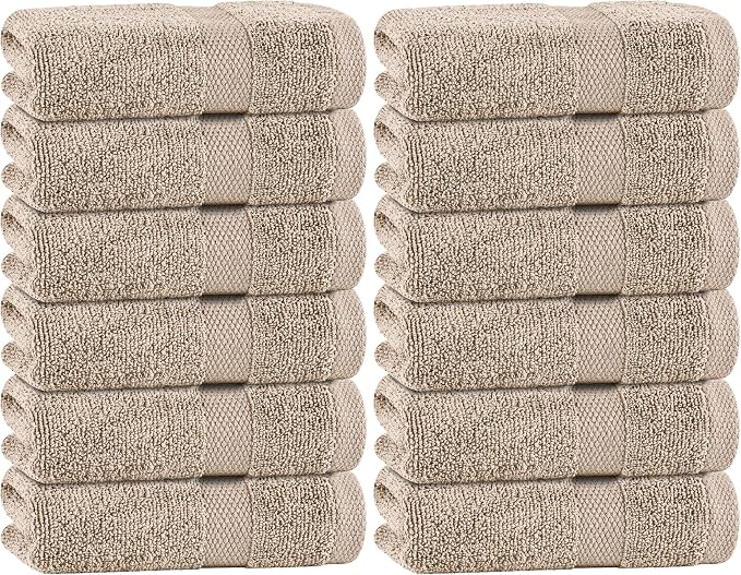 White Classic Taupe Hand Towels for Bathroom [12 Pack] Cotton Hand Towel Bulk for Gym, Kitchen and Spa, 16x27 Inches Soft Highly Absorbent Quick Dry Terry Salon Towels