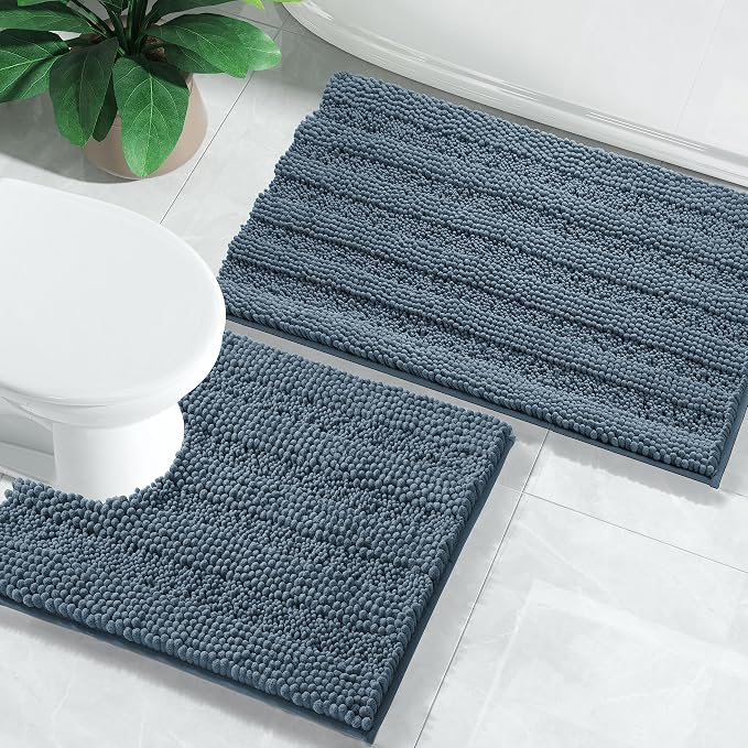 Yimobra U Shaped Toilet Rug Set, Absorbent Chenille, 24x17+24x20, Denim Blue