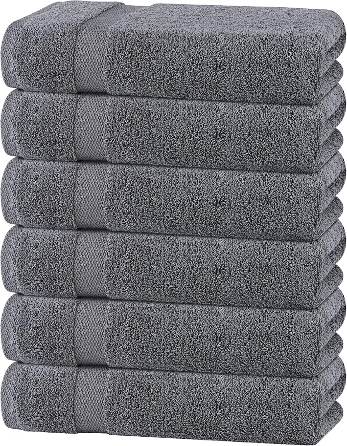 White Classic Wealuxe Grey Towels for Bathroom 6 Pack, Cotton Bath Towel Set for Hotel, Gym, Spa, Soft Extra Absorbent Quick Dry 22x44 Inch