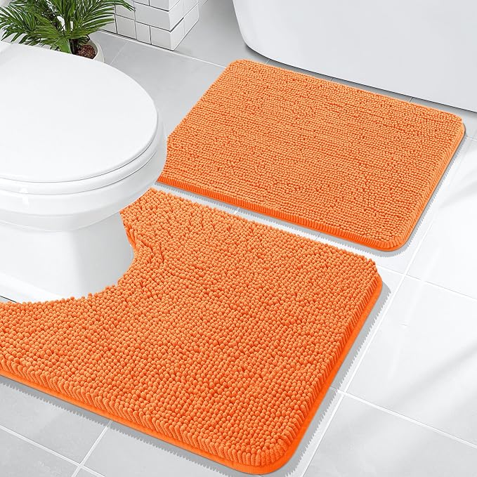 OLANLY Chenille Bathroom Rugs Mats Sets 2 Piece, 24"x16"+24"x20", Orange | Soft Absorbent Bath Mat and U-Shaped Contour Toilet Rug Set, Quick Dry, Machine Washable Bath Carpet, Home Decor Accessories