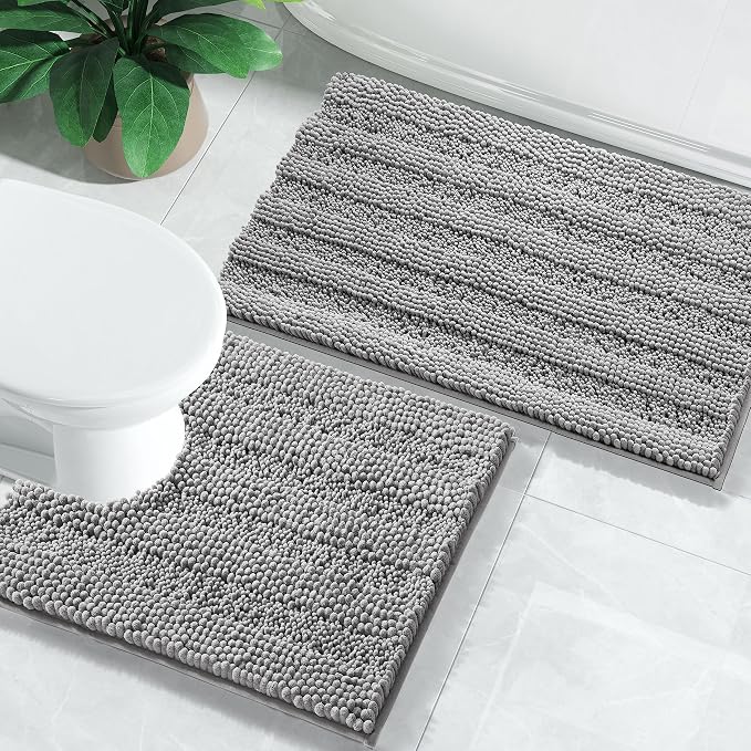 Yimobra U Shaped Toilet Rug Set, Absorbent Chenille, 24x17+24x20, Gray | Soft Plush Chenille Shower Rugs for Bathroom Floor Sink Tub and Shower Outside, Non Slip Machine Washable Quick Dry