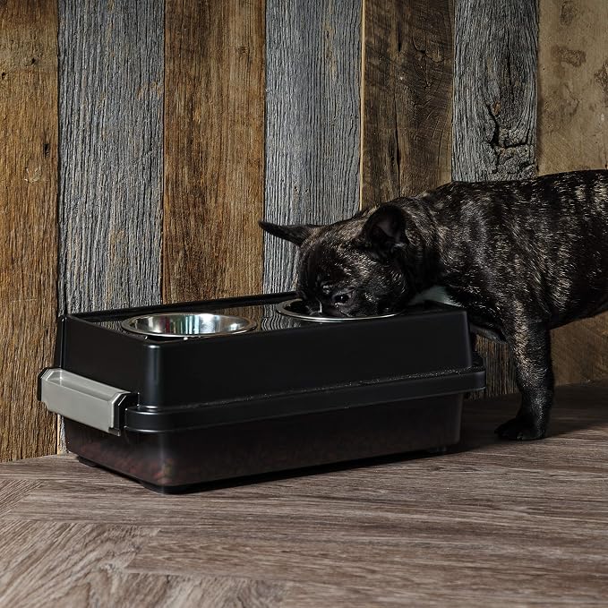IRIS USA Elevated Dog Bowls 6" H, up to 5 lb Storage, Black, Made in USA | Comes with 4 Stainless Steel Bowls (16 oz), Elevated Feeder, Reduce Strain, Perfect for Camping & Outdoors