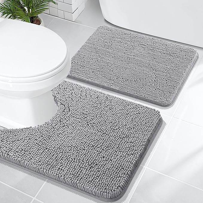OLANLY Chenille Bathroom Rugs Mats Sets 2 Piece, 24"x16"+24"x20", Grey | Soft Absorbent Bath Mat and U-Shaped Contour Toilet Rug Set, Quick Dry, Machine Washable Bath Carpet, Home Decor Accessories