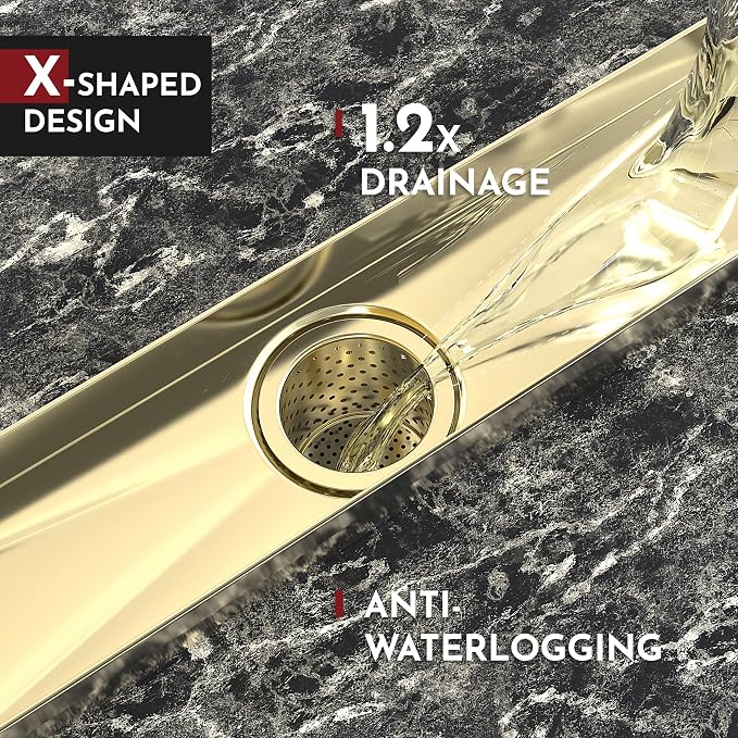 WEBANG 24 Inch Linear Shower Drain Rectangular Floor Drain with Accessories Rainline Pattern Cover Grate Removable SUS304 Stainless Steel CUPC Certified Brushed Gold