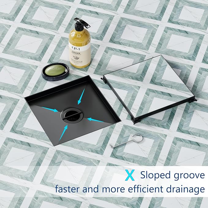 Neodrain Square Shower Drain with Removable Tile Insert Grate,304 Stainless Steel, CUPC Certified, Includes Hair Strainer (Matte Black, 8 in)