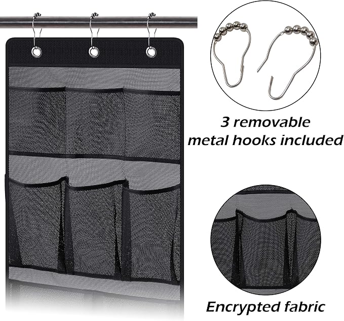 KIMBORA Mesh Shower Caddy Hanging Bathroom Organizer Storage with 2 Large Pockets 3 Rings Hang Curtain Rod for Dorm Cruise RV, Black