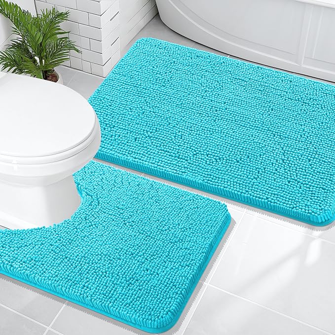 OLANLY Chenille Bathroom Rugs Mats Sets 2 Piece, 36"x24"+24"x20", Aqua Sky | Soft Absorbent Bath Mat and U-Shaped Contour Toilet Rug Set, Quick Dry, Machine Washable Bath Carpet, Home Decor Accessories