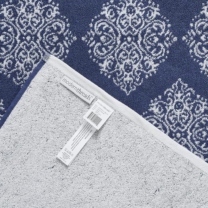 Modern Threads 6-Piece 100% Cotton Damask Medallion Towel Set, Navy | Highly Absorbent, Soft & Plush, Quick-Drying, 550 GSM, Color-Rich Yarn-Dyed Design, OEKO-TEX Certified