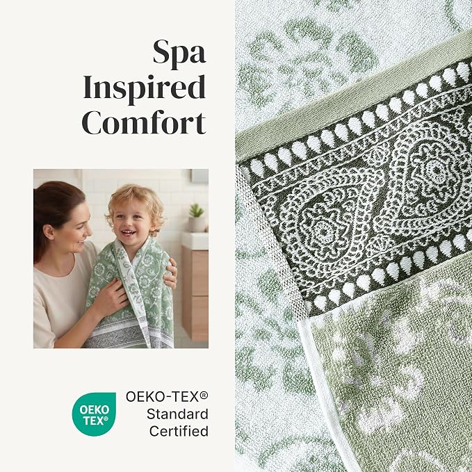 Modern Threads 6 Piece Bath Towel Set – Bathroom Set with 2 Bath Towels, 2 Hand Towels, and 2 Wash Cloths – 100% Cotton, Super Absorbent & Extra Soft – Reversible Floral Trail (Sage Green)