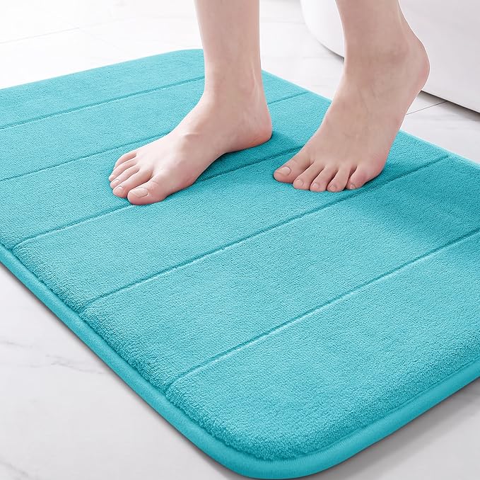 Yimobra Memory Foam Bath Mat, Super Soft Absorbent Bathroom Rug Non Slip, Quick Dry, Machine Washable Floor Carpet for Tub Shower, Home Decor Accessories, 24x17, Lake Blue