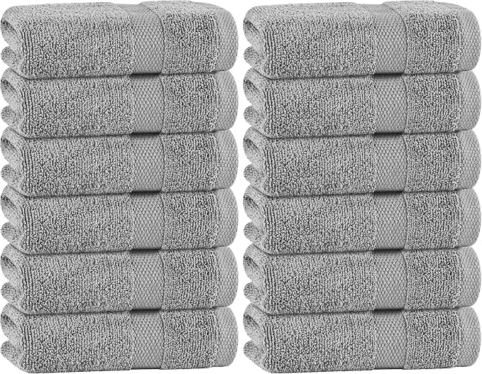 White Classic Light Gray Hand Towels for Bathroom [12 Pack] Cotton Hand Towel Bulk for Gym, Kitchen and Spa, 16x27 Inches Soft Highly Absorbent Quick Dry Terry Salon Towels